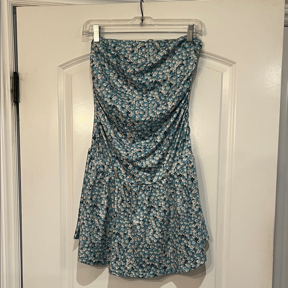 Floral Blue Strapless Dress